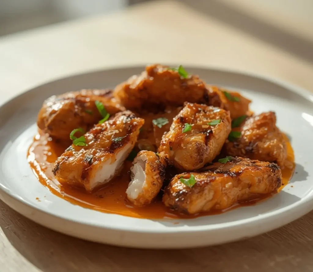 air fryer chicken satay: Extra crispy golden air fryer chicken satay strips with glossy peanut sauce coating on a plate.