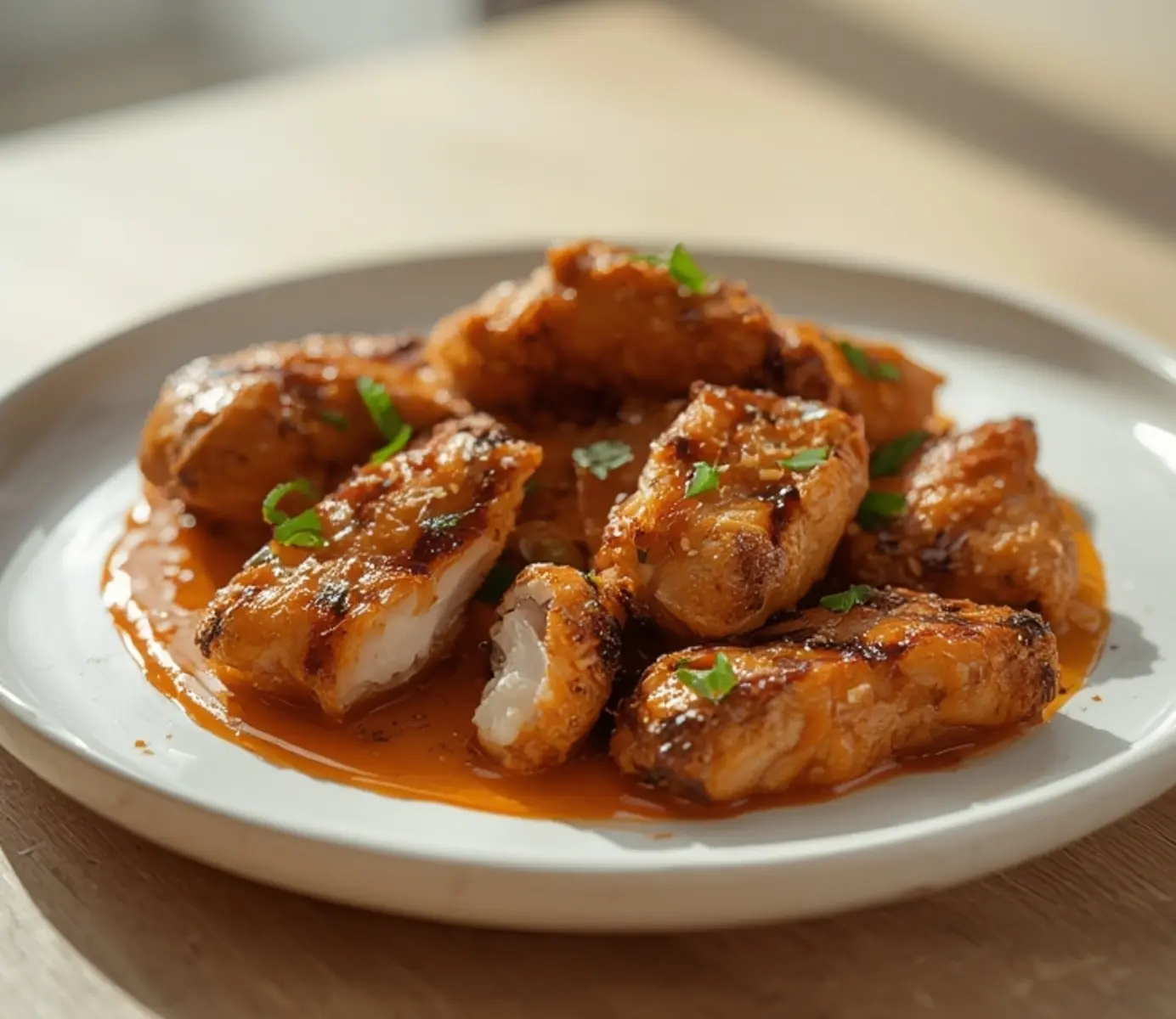 air fryer chicken satay: Extra crispy golden air fryer chicken satay strips with glossy peanut sauce coating on a plate.