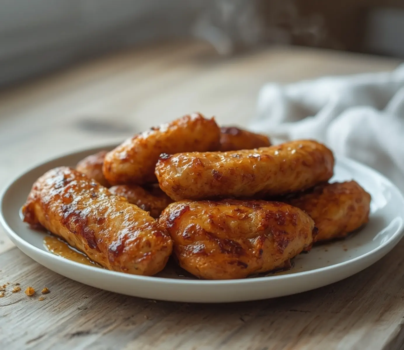 air fryer chicken sausage: Golden crispy air fryer chicken sausage links with crisp edges on a plate.