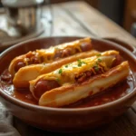 air fryer chili cheese dog: Air fryer chili cheese dogs with melted cheddar and hearty chili on golden toasted buns.