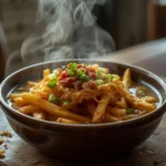 air fryer chili cheese fries: Golden air fryer chili cheese fries topped with melted cheese and fresh green onions.