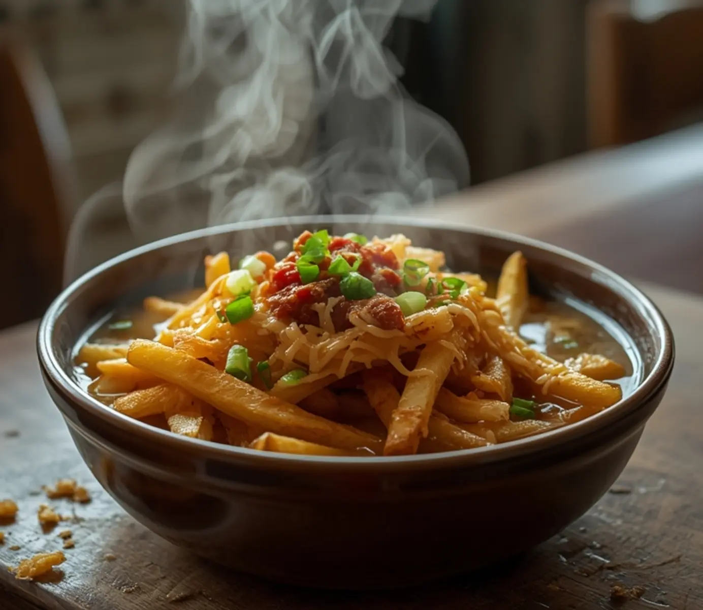 air fryer chili cheese fries: Golden air fryer chili cheese fries topped with melted cheese and fresh green onions.