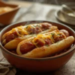 air fryer chili dogs: Extra crispy air fryer chili dogs with juicy franks, melted cheddar, and savory chili in soft buns.