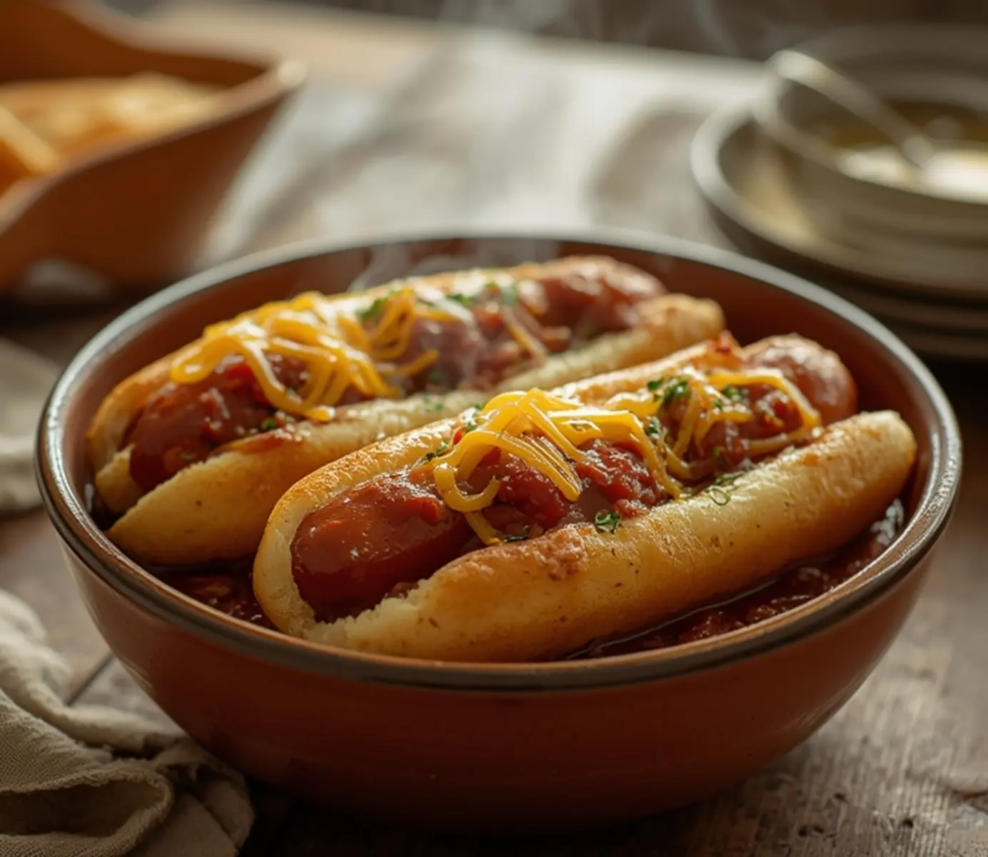 air fryer chili dogs: Extra crispy air fryer chili dogs with juicy franks, melted cheddar, and savory chili in soft buns.