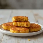 air fryer corn fritters: Golden brown air fryer corn fritters with crispy edges and visible corn kernels piled high on a white plate.
