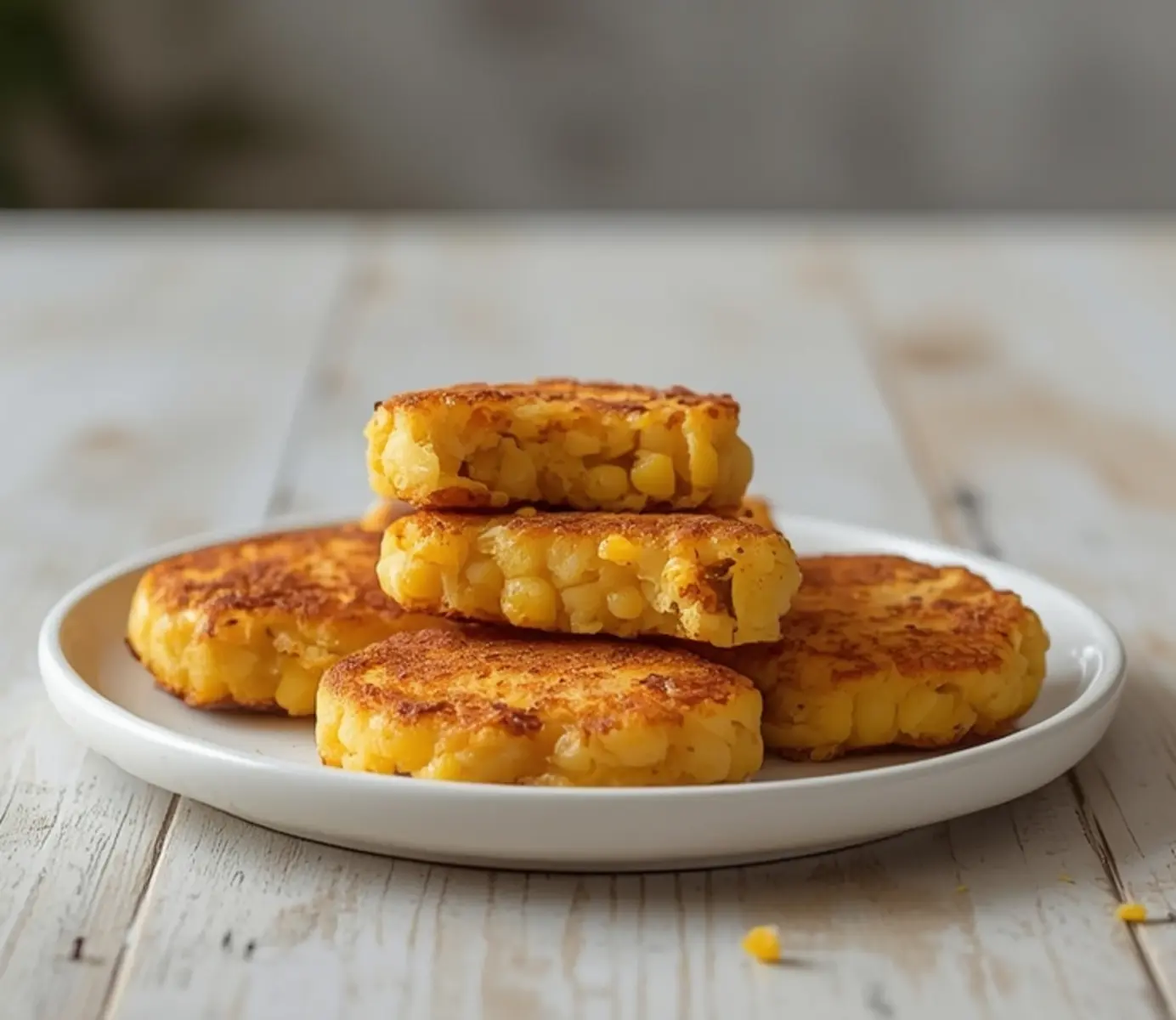 air fryer corn fritters: Golden brown air fryer corn fritters with crispy edges and visible corn kernels piled high on a white plate.