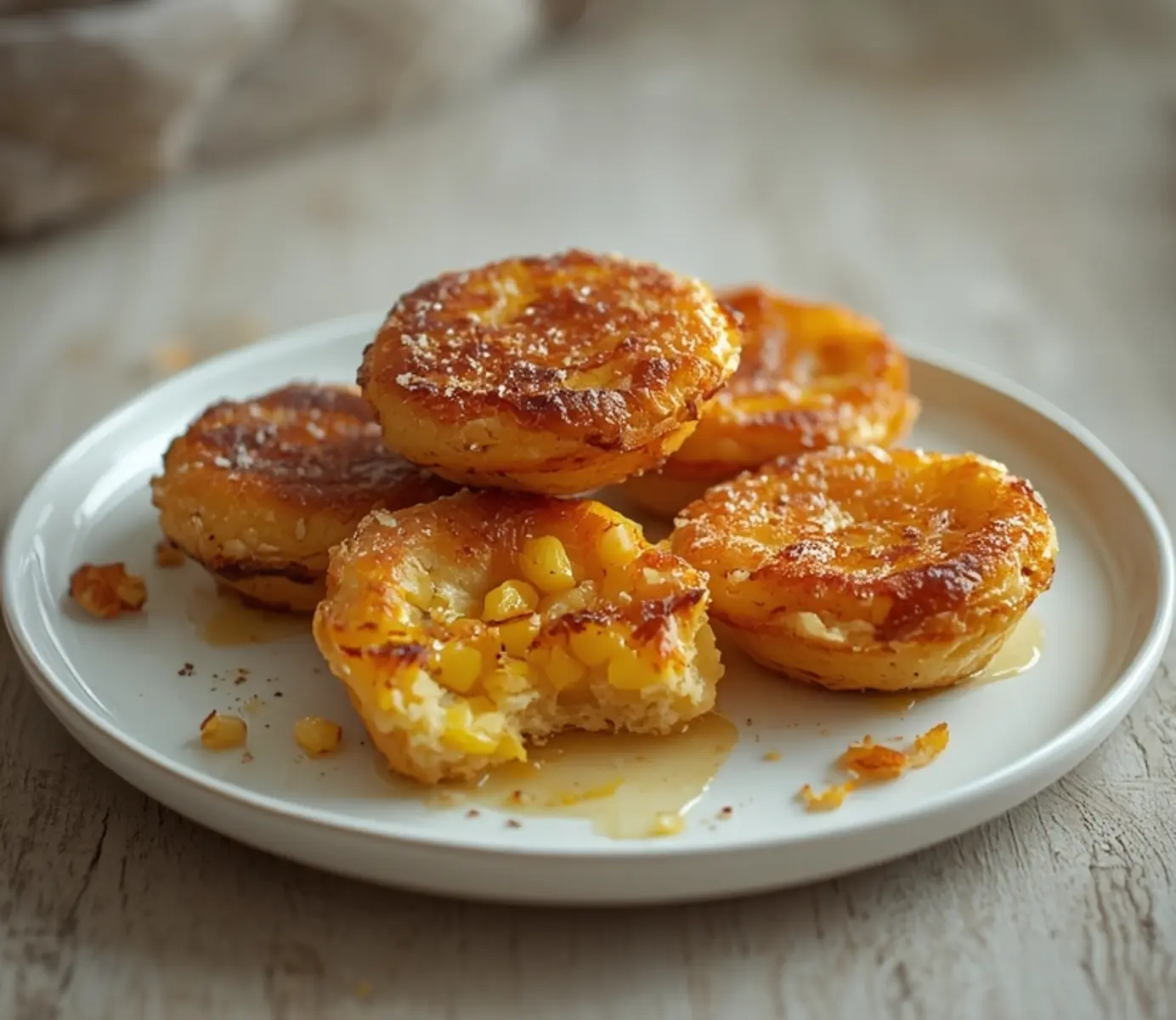 air fryer corn nuggets: Golden air fryer corn nuggets with crisp edges on a white plate, sweet corn filling visible.
