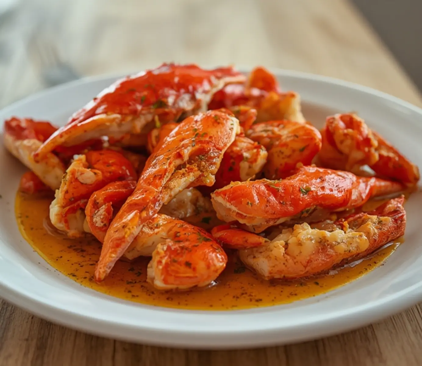 air fryer crab legs: Crispy golden air fryer crab legs on a plate with lemon wedges and melted butter.