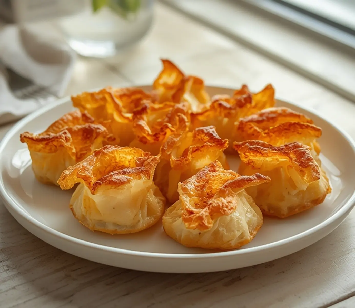 air fryer crab rangoon: Golden crispy air fryer crab rangoon with creamy filling on a plate