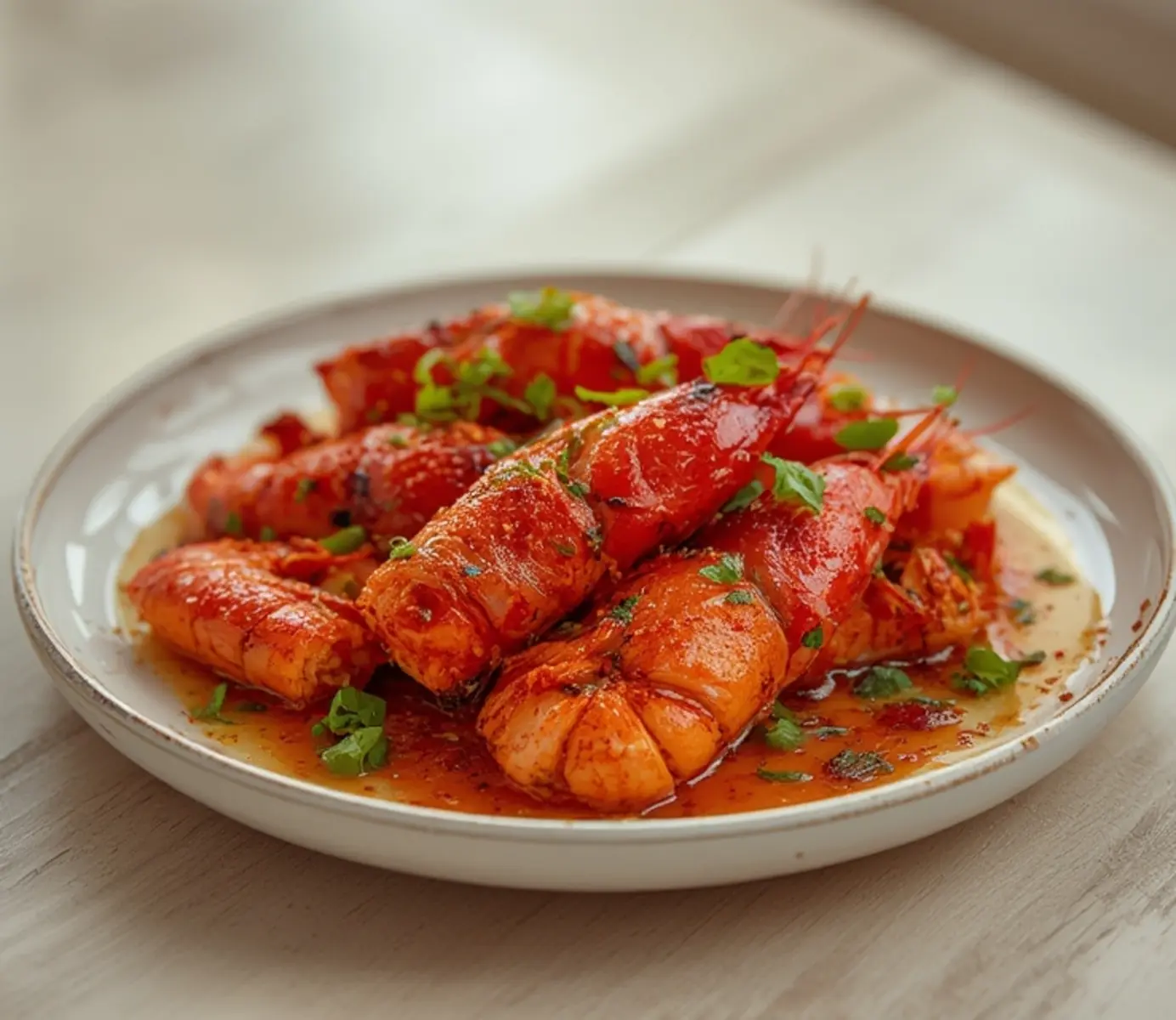 air fryer crawfish boil: Juicy air fryer crawfish boil with ruby-red seasoning and crisp edges on a plate.