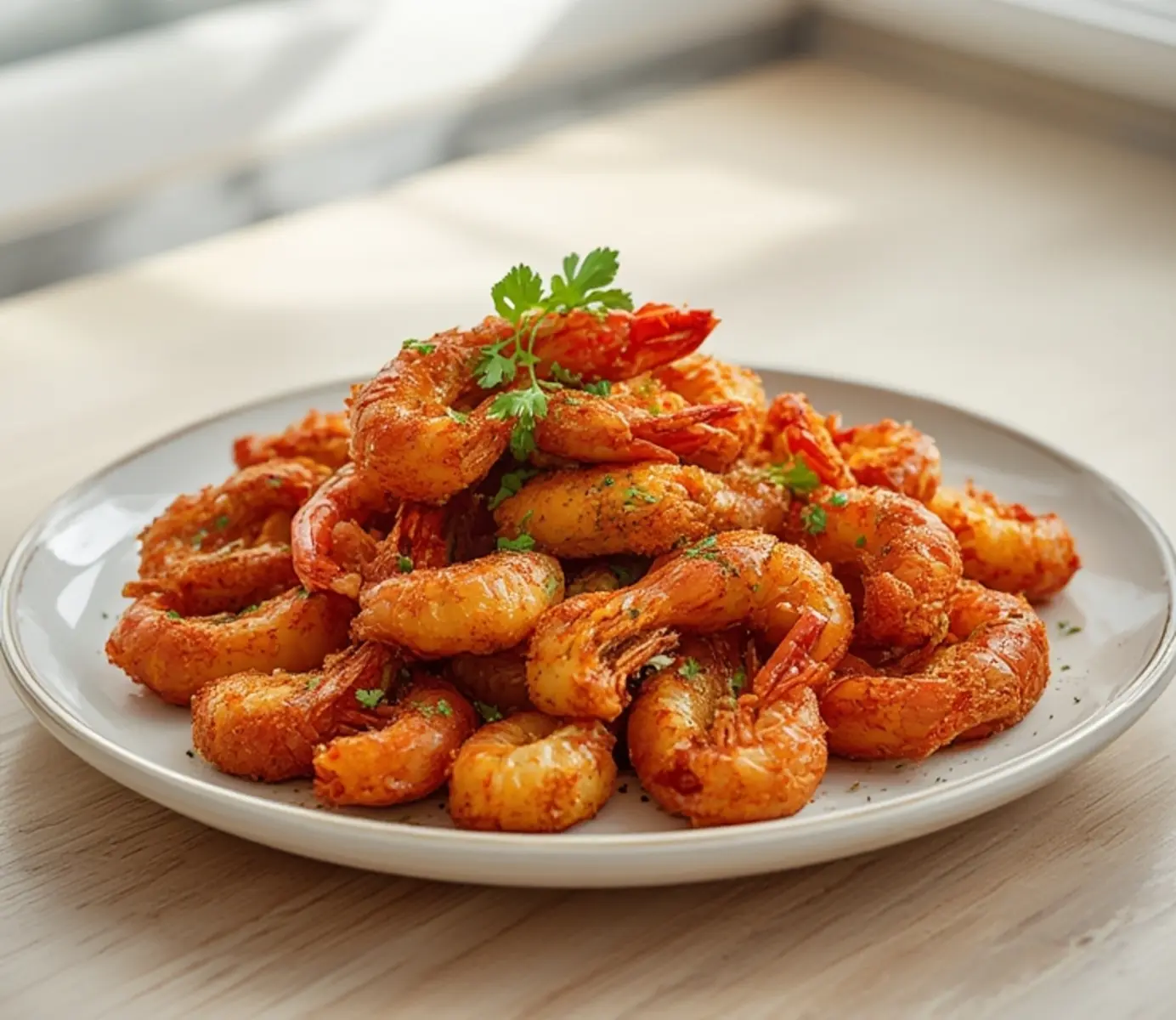 air fryer crawfish tails: Crispy golden Cajun air fryer crawfish tails piled on a plate with parsley garnish, steaming hot.