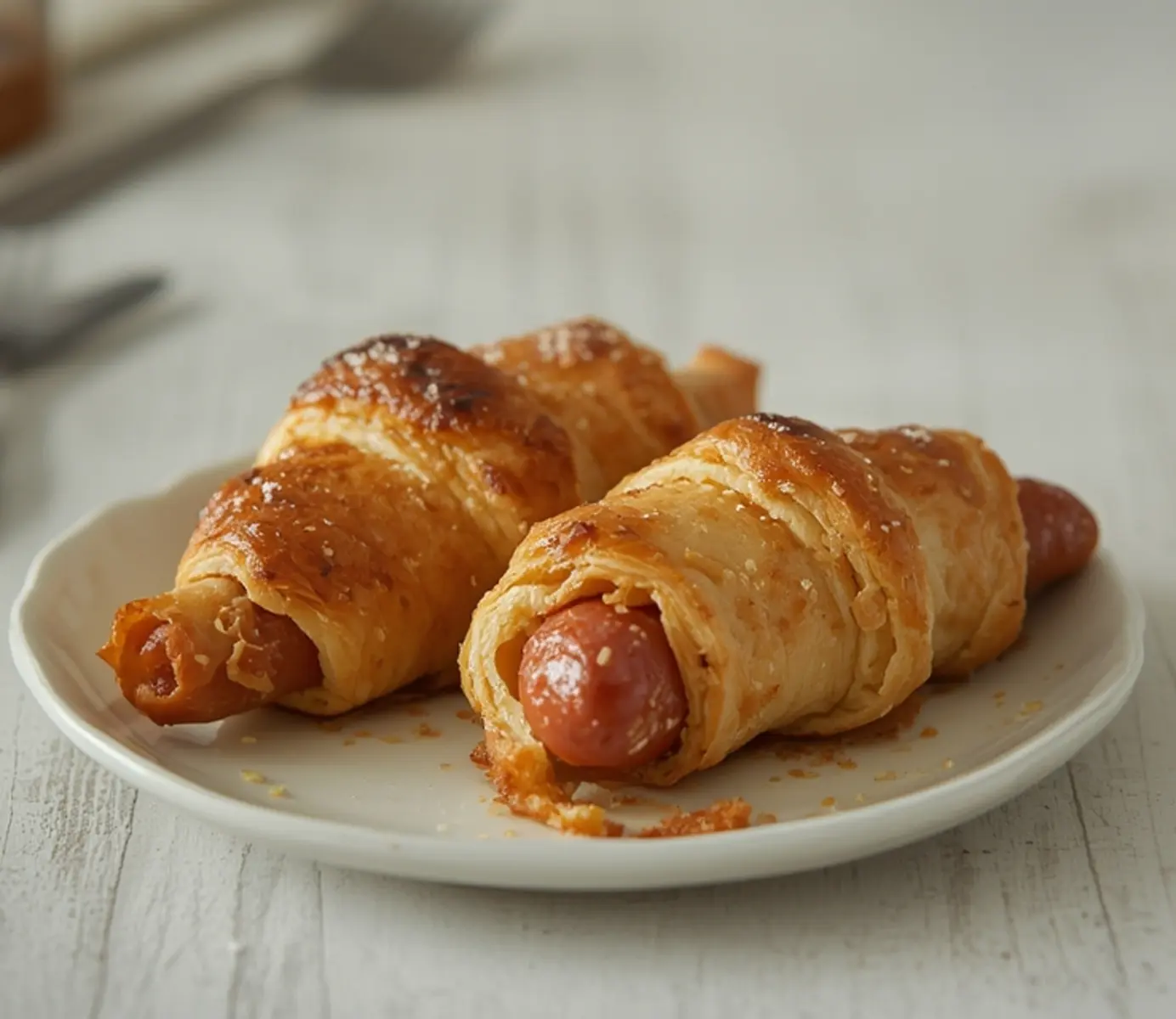 air fryer crescent roll dogs: Golden, flaky air fryer crescent roll dogs with crispy edges on a plate.