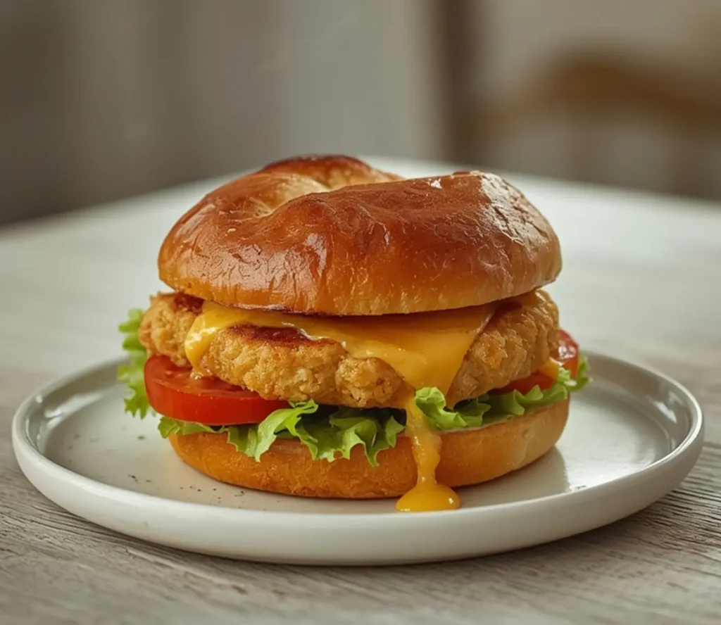 air fryer crispy chicken sandwich: Golden crispy air fryer chicken sandwich with melted cheese on a toasted bun.