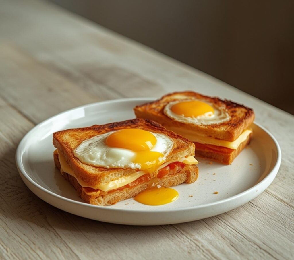air fryer croque madame: Golden air fryer croque madame sandwich with melted cheese and a runny yolk on top, crispy edges visible.