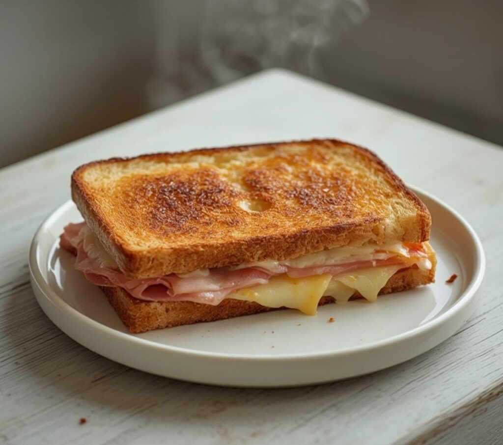 air fryer croque monsieur: Golden air fryer croque monsieur with crispy edges and melted Gruyère cheese bubbling on top.