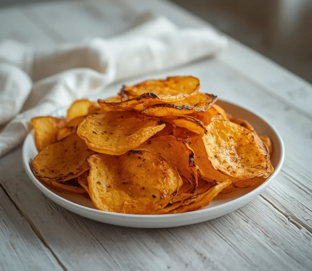 air fryer cucumber chips: Golden crispy air fryer cucumber chips with light charred edges on a white plate, healthy snack.