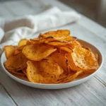 air fryer cucumber chips: Golden crispy air fryer cucumber chips with light charred edges on a white plate, healthy snack.
