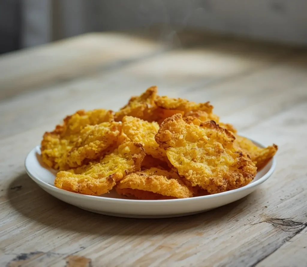 air fryer dill pickle chips: Golden crispy air fryer dill pickle chips on a plate with creamy dip.
