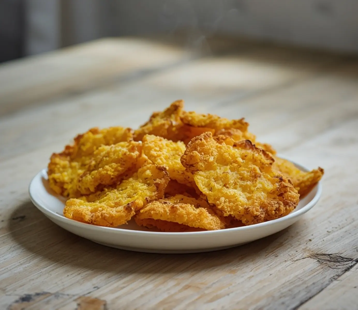 air fryer dill pickle chips: Golden crispy air fryer dill pickle chips on a plate with creamy dip.