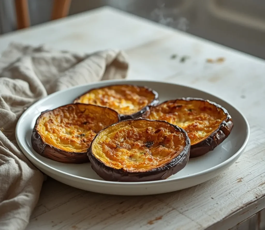 air fryer eggplant: Golden crispy air fryer eggplant slices with charred edges on a plate.