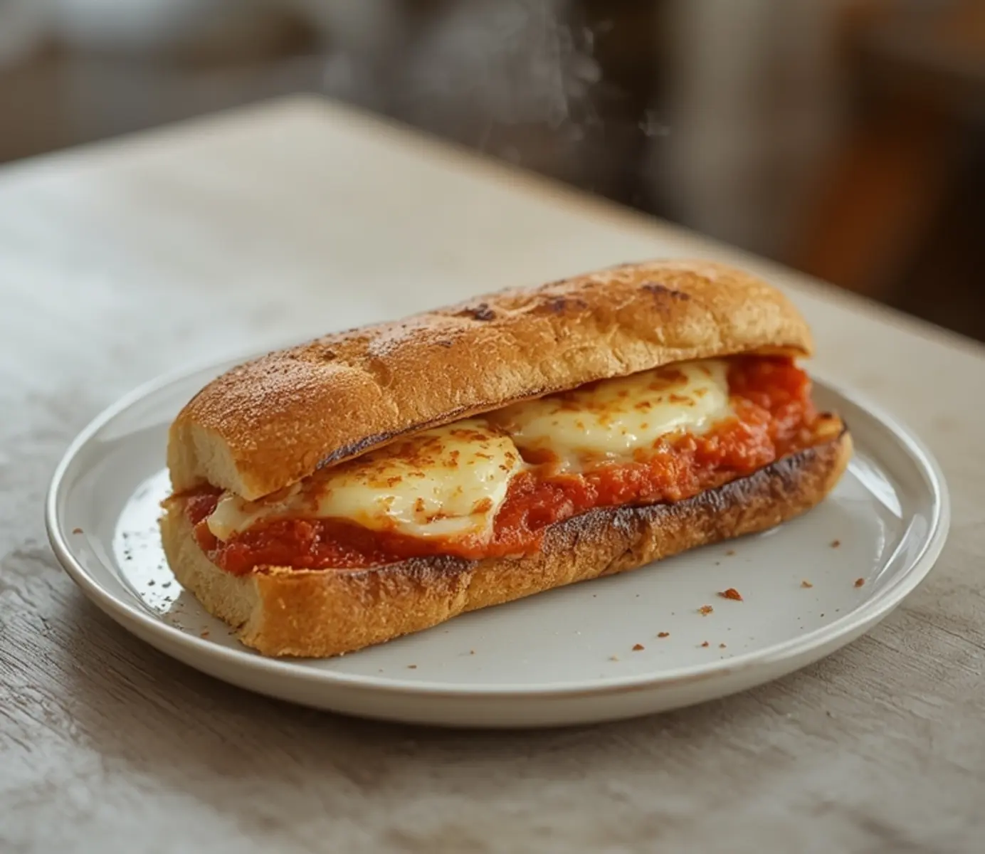 air fryer eggplant parmesan sub: Crispy air fryer eggplant parmesan sub on a wooden board with melted cheese and marinara.