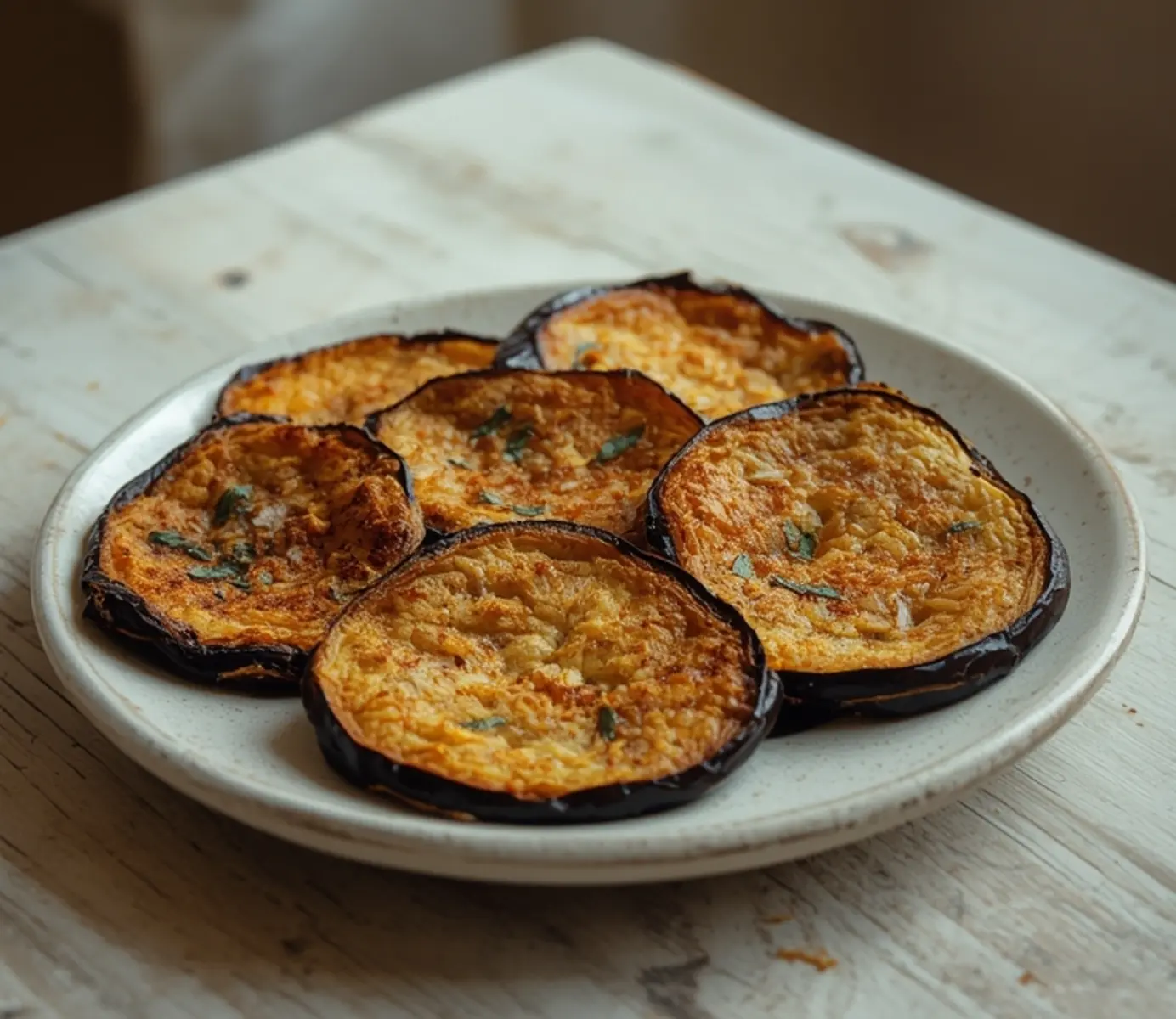 air fryer eggplant rounds: Golden crispy air fryer eggplant rounds with spice coating on a plate