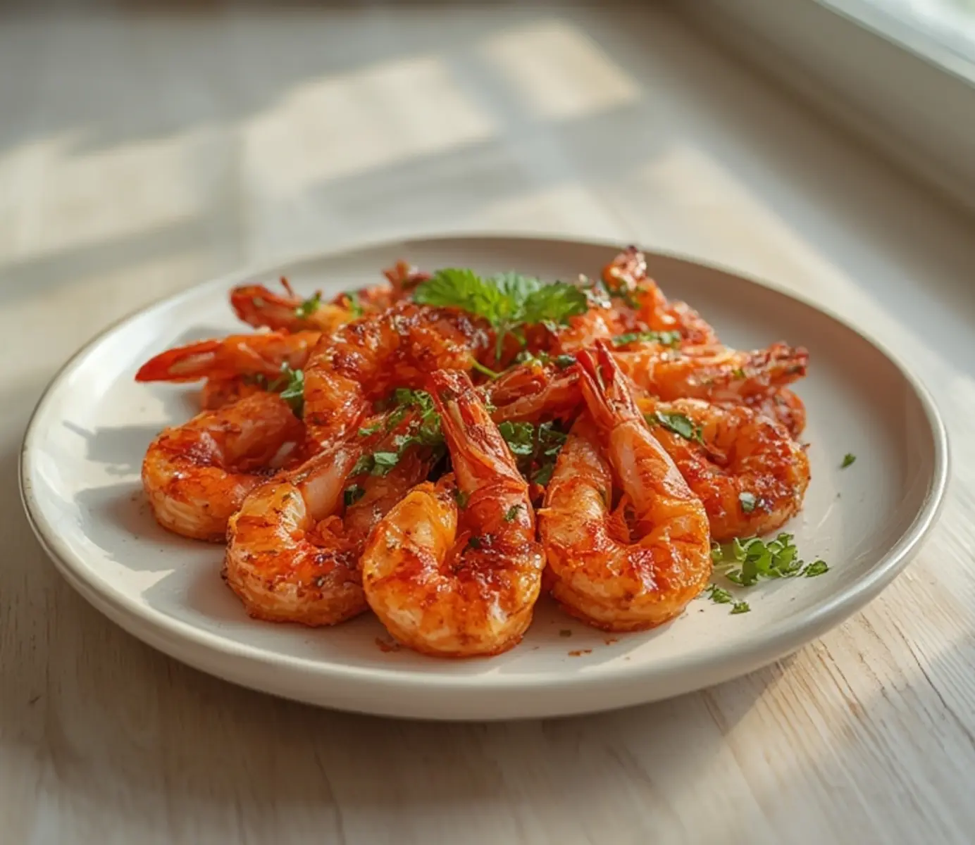 air fryer firecracker shrimp: Crispy air fryer firecracker shrimp with ruby-red glaze and golden edges on a plate.