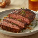air fryer flank steak grilled: Sliced air fryer flank steak grilled with charred edges and juicy pink interior on a cutting board.
