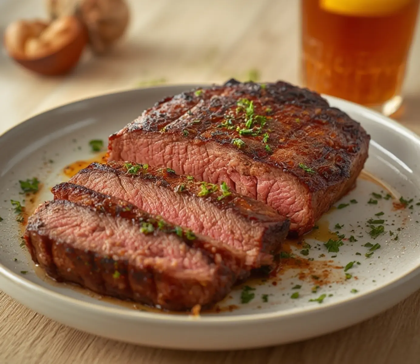 air fryer flank steak grilled: Sliced air fryer flank steak grilled with charred edges and juicy pink interior on a cutting board.