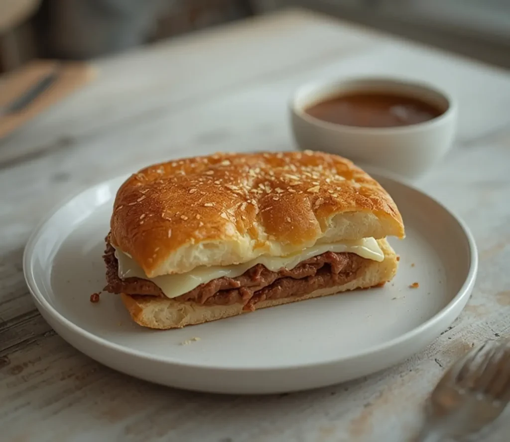 air fryer french dip sandwich: Golden toasted air fryer french dip sandwich with melted cheese and beef, ready for dipping.