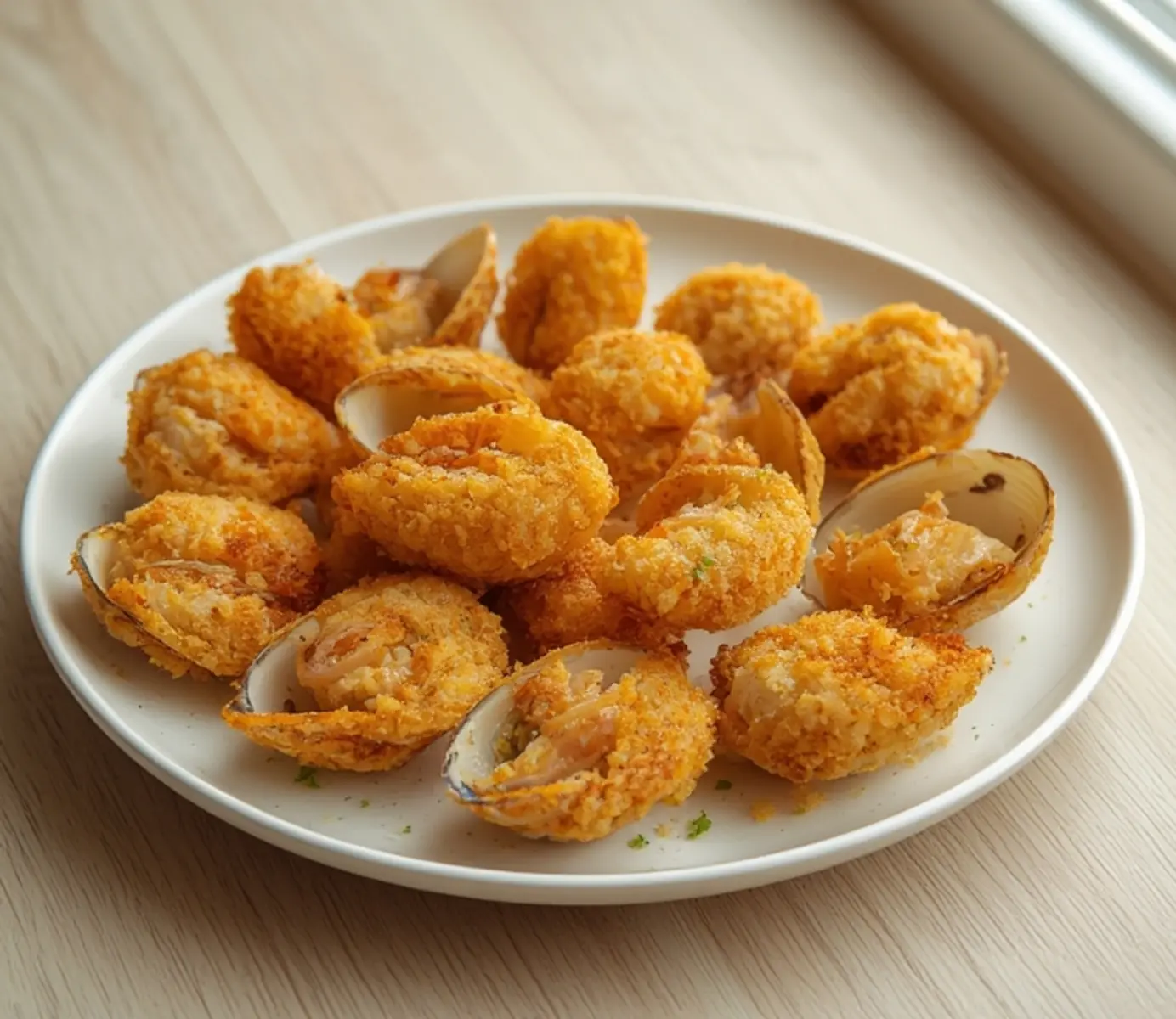 air fryer fried clams: Golden crispy air fryer fried clams with panko coating on a plate, showing juicy interior and crunchy exterior.
