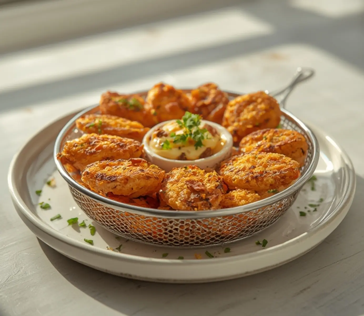 air fryer fried oysters: Crispy golden air fryer fried oysters with toasted panko coating on a plate.