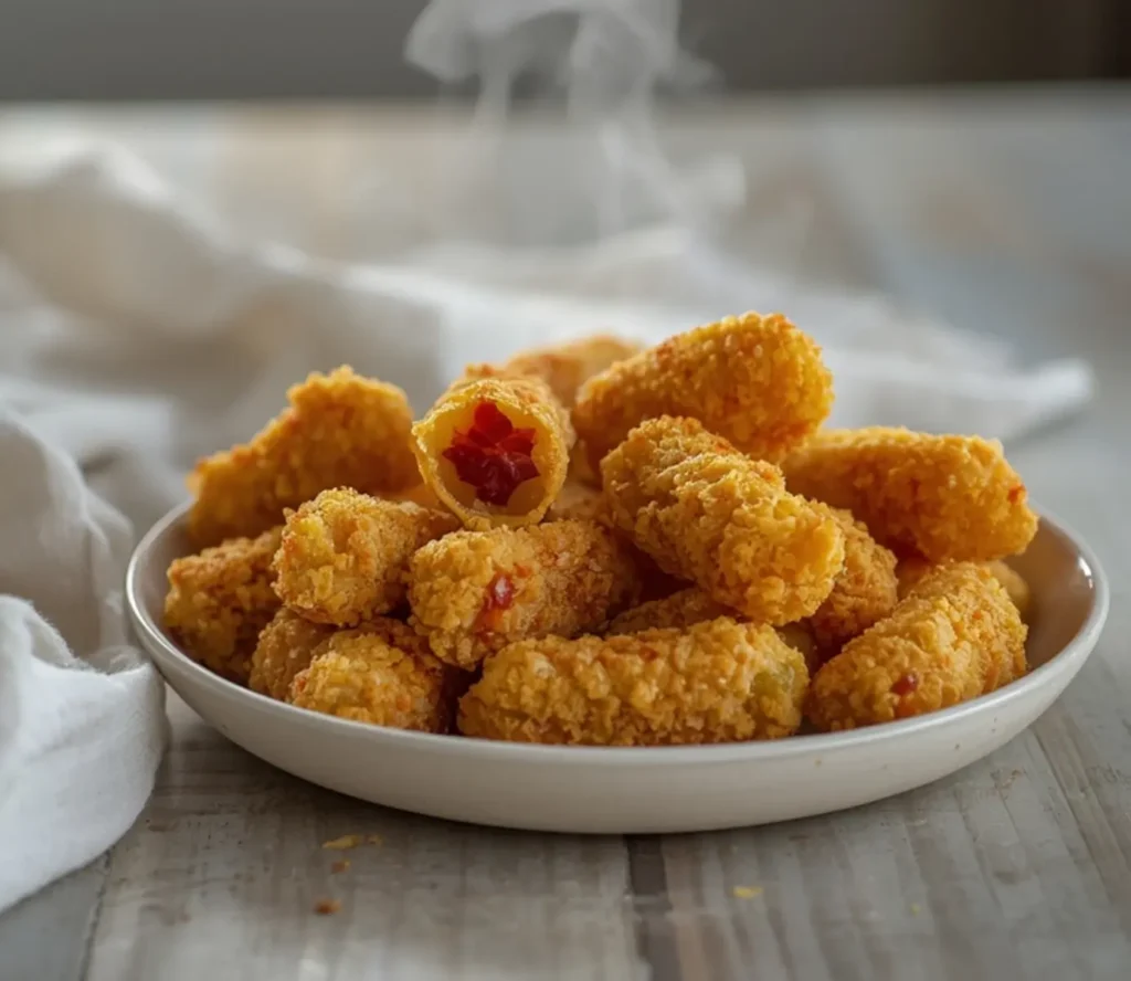 air fryer fried pickles: Golden crispy air fryer fried pickles with a crunchy panko coating on a serving plate.