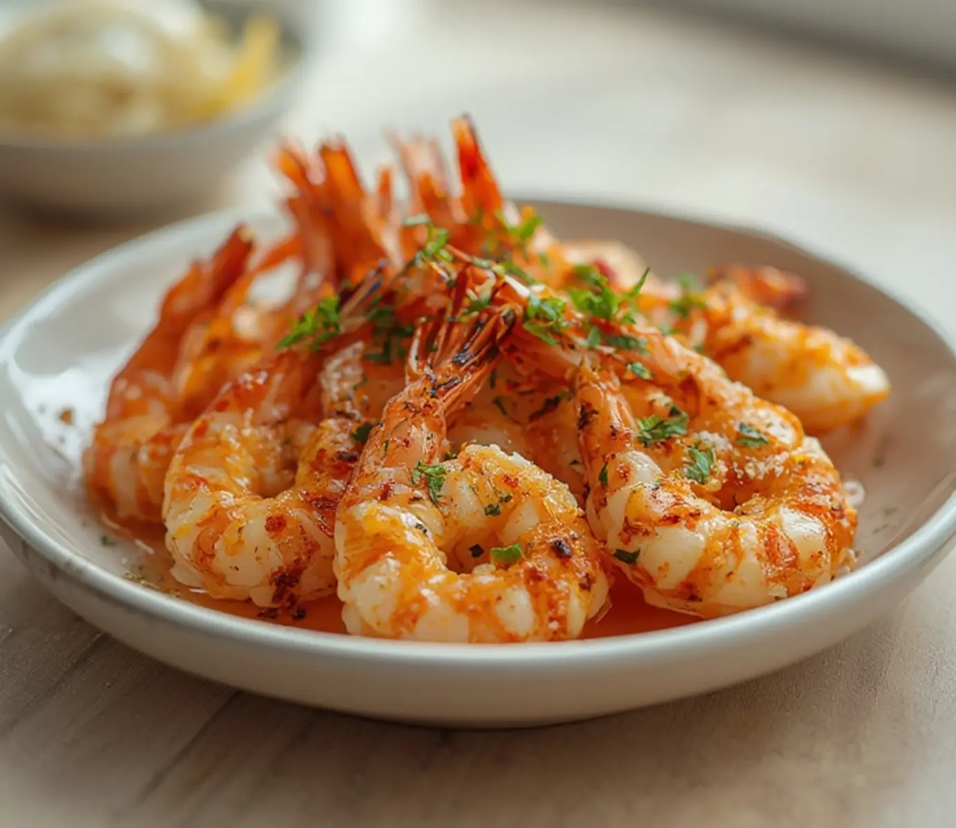 air fryer garlic butter shrimp: Golden air fryer garlic butter shrimp with crispy edges and fresh parsley garnish on a plate.