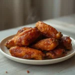 air fryer ghost pepper wings: Crispy air fryer ghost pepper wings with golden-brown skin and a spicy red glaze, served hot and ready to eat.