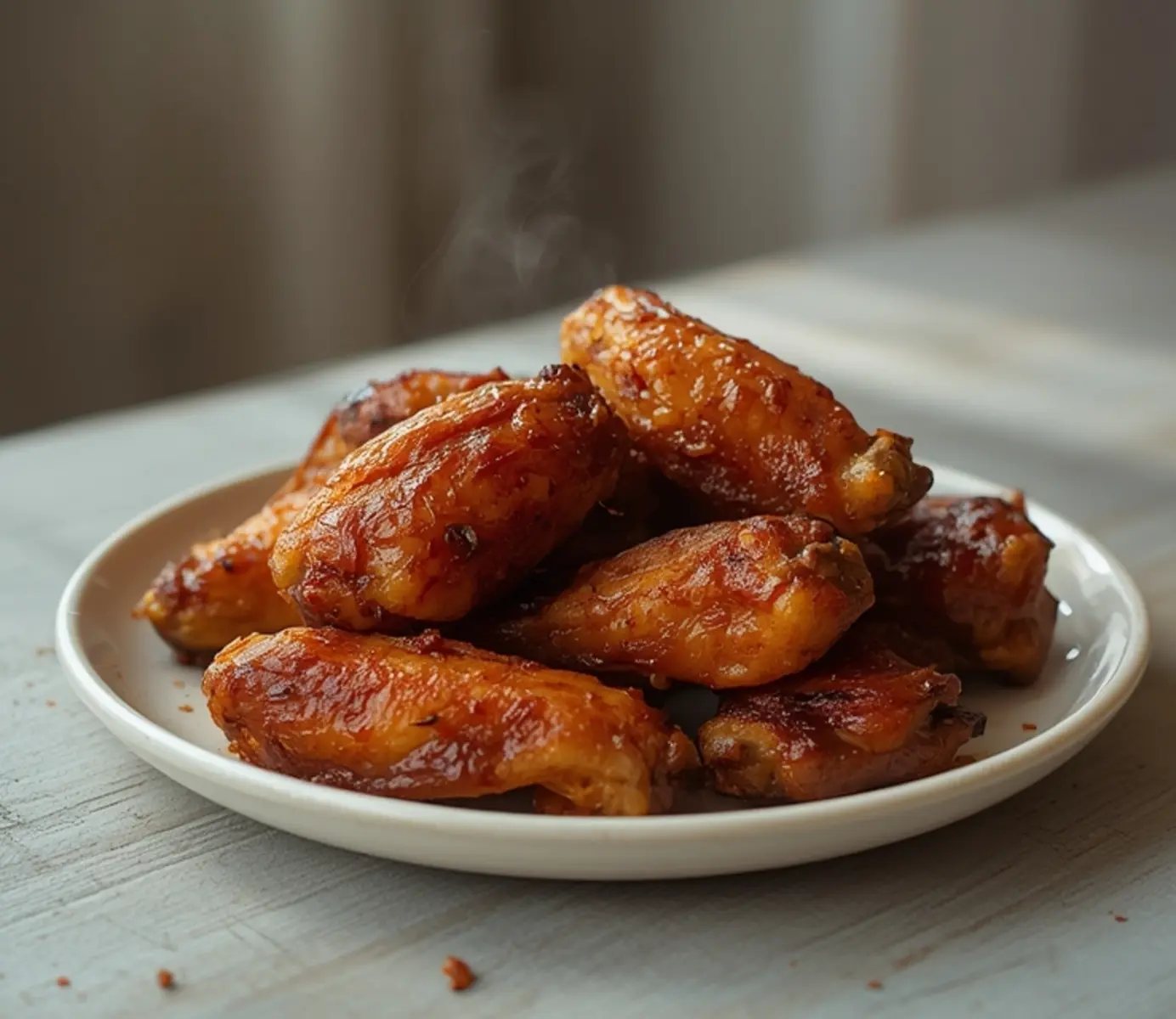 air fryer ghost pepper wings: Crispy air fryer ghost pepper wings with golden-brown skin and a spicy red glaze, served hot and ready to eat.