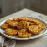 air fryer green tomato okra: Golden crispy air fryer green tomato okra with toasted cornmeal coating on a plate.