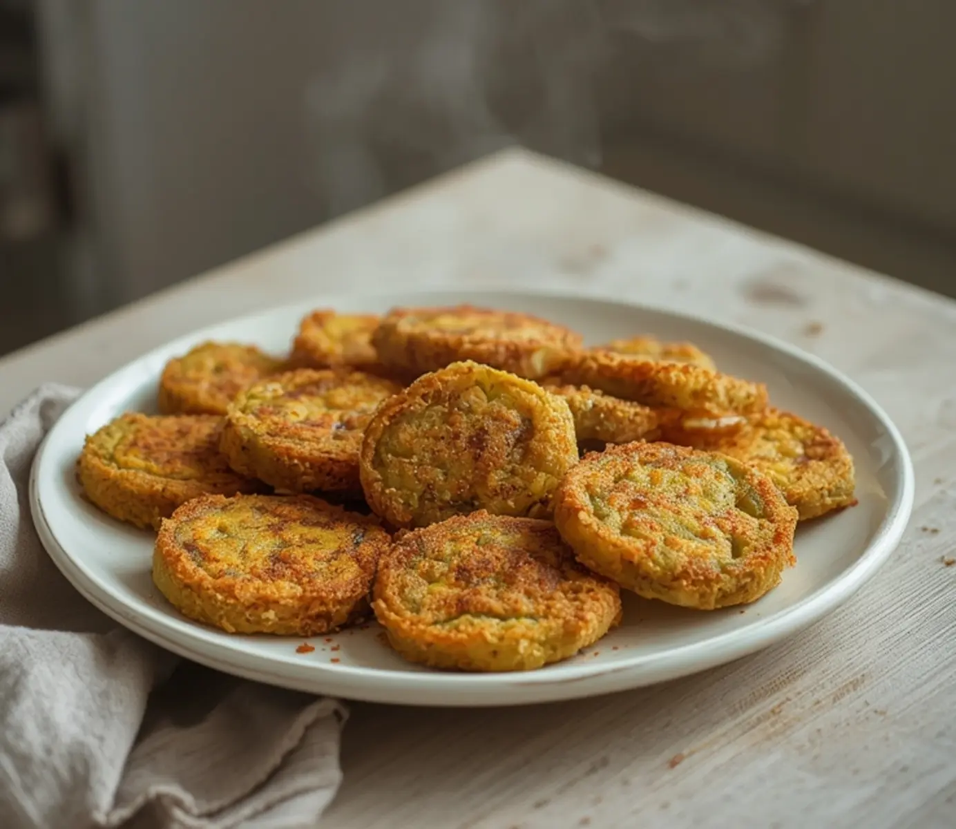 air fryer green tomato okra: Golden crispy air fryer green tomato okra with toasted cornmeal coating on a plate.