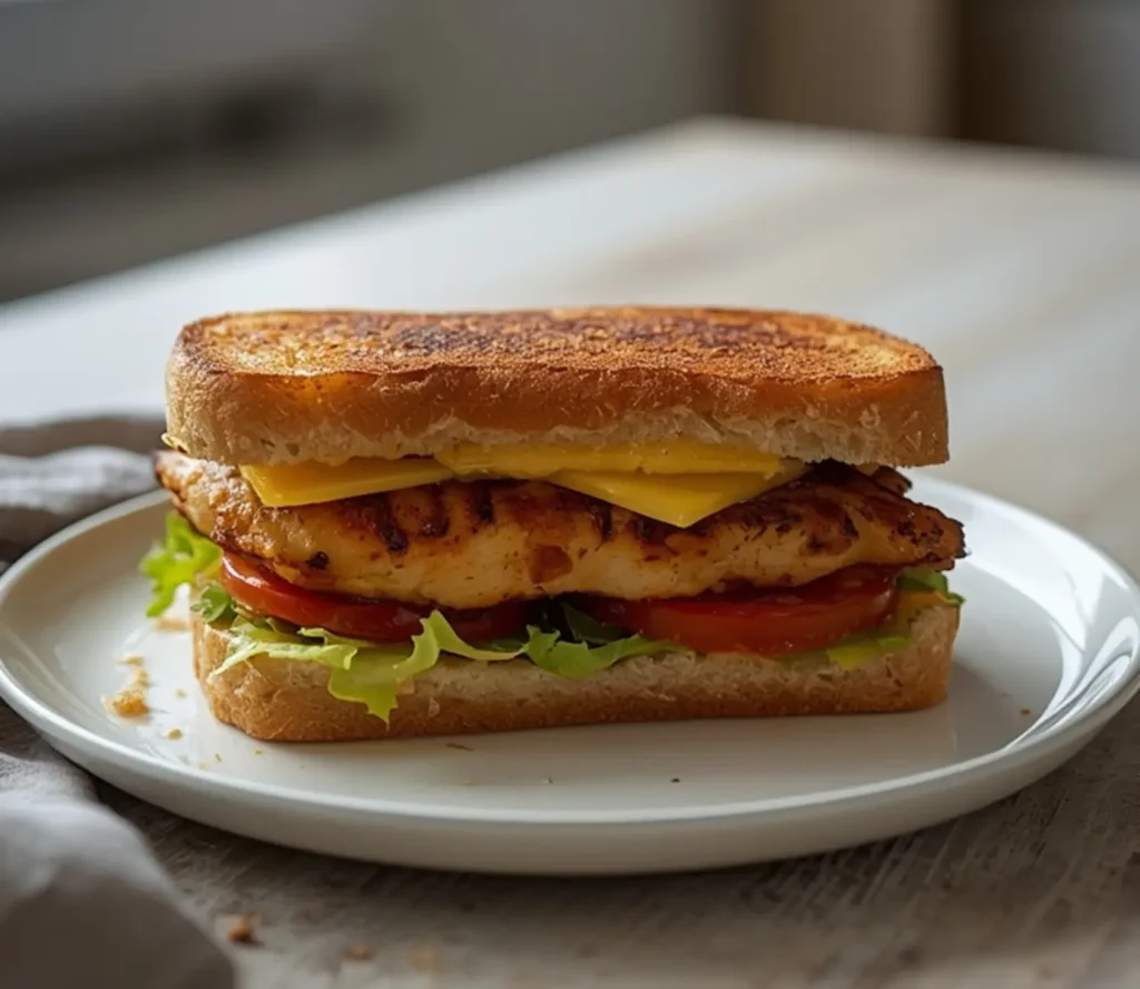 air fryer grilled chicken sandwich: Golden grilled chicken sandwich with melted cheese and fresh veggies on a toasted bun, perfect for air fryer dinners.