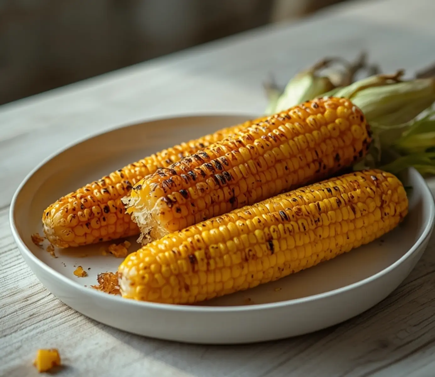 air fryer grilled corn: Golden brown air fryer grilled corn on the cob with charred kernels and glistening buttered surface.