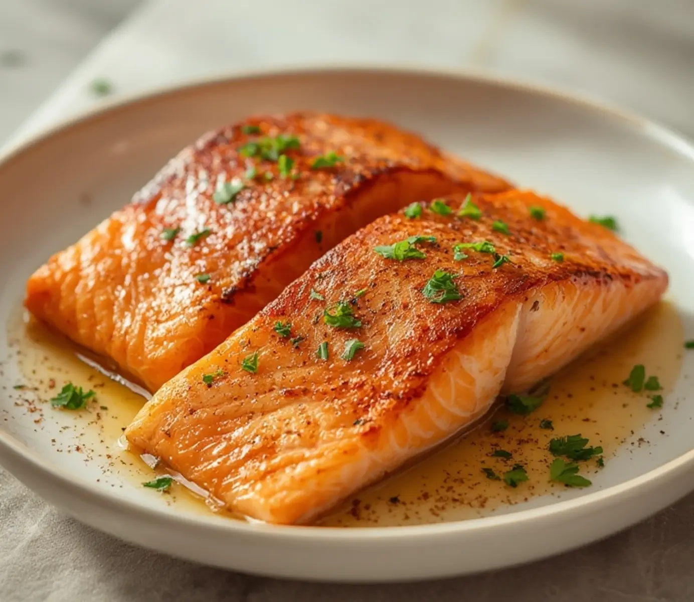 air fryer grilled salmon fathers day: Air fryer grilled salmon fillets with golden crust and fresh parsley garnish, flaky and juicy texture.