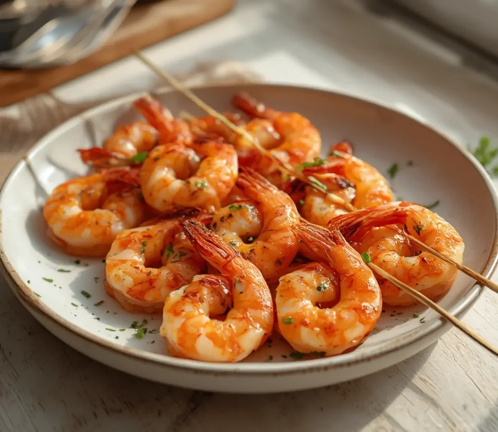 air fryer grilled shrimp skewers: Juicy air fryer grilled shrimp skewers with golden charred edges on a plate