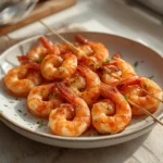 air fryer grilled shrimp skewers: Juicy air fryer grilled shrimp skewers with golden charred edges on a plate