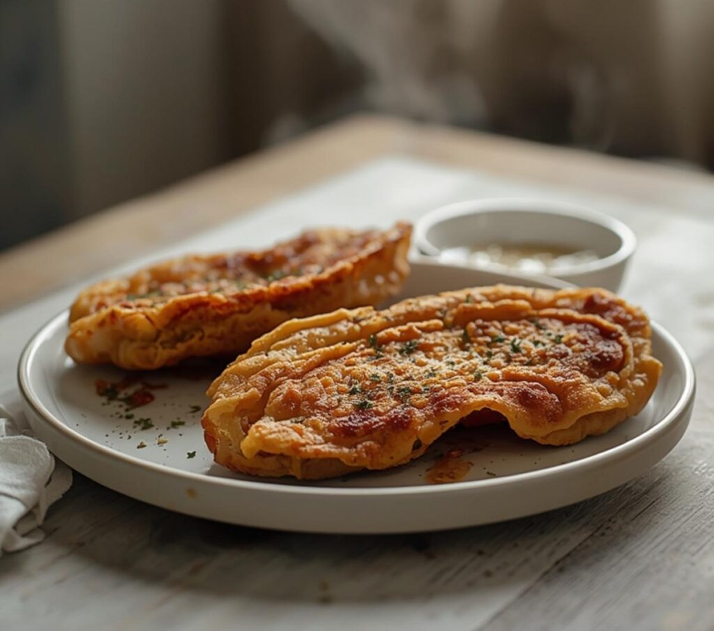 air fryer gyro meat: Golden crispy air fryer gyro meat with herb specks on a plate, perfect for dinner.