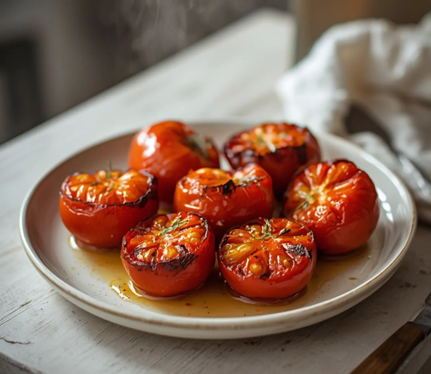 air fryer heirloom tomatoes: Crispy air fryer heirloom tomatoes with golden, blistered skins on a plate, ready to serve as a side dish.