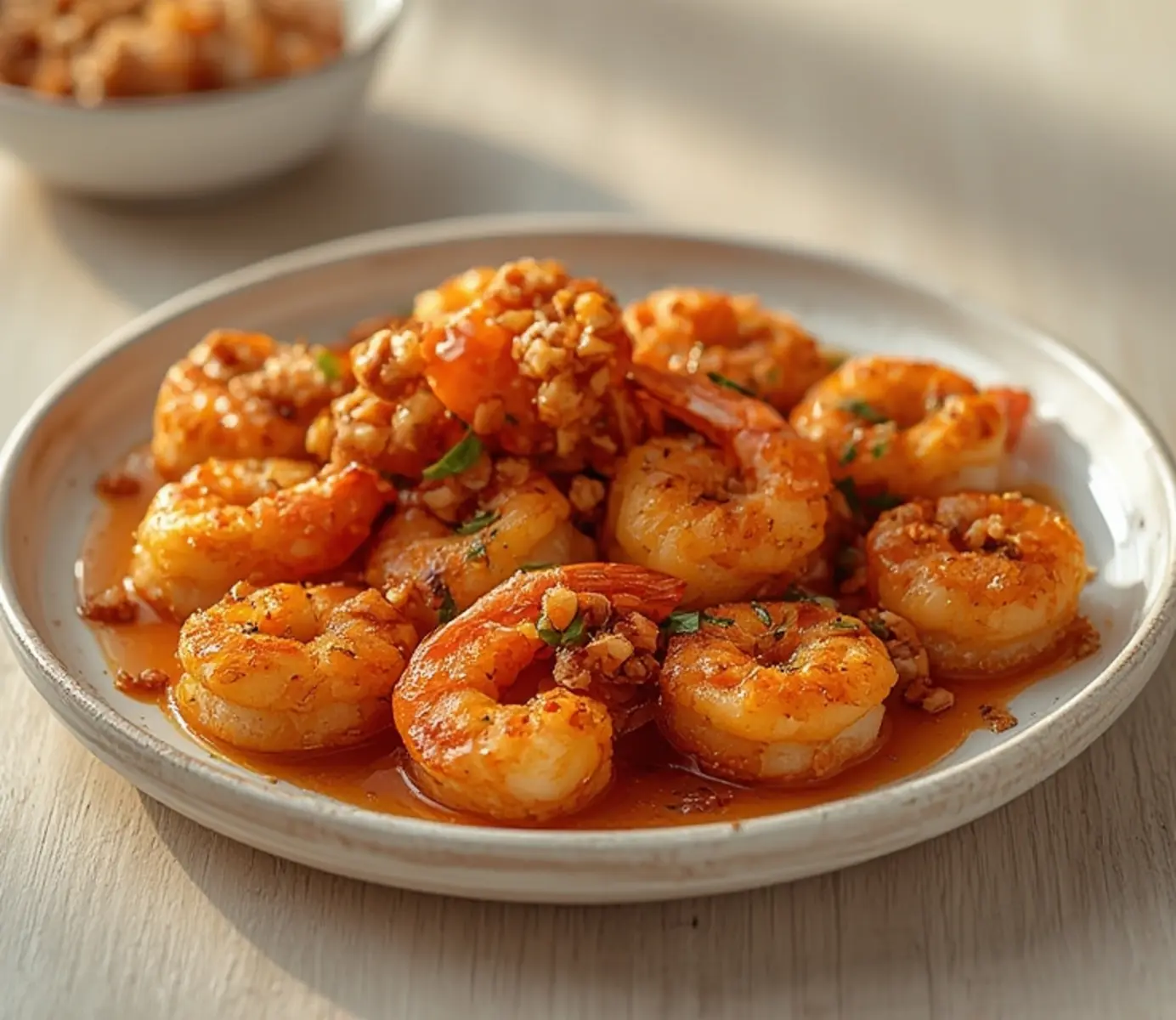 air fryer honey walnut shrimp: Golden crispy air fryer honey walnut shrimp with toasted walnuts and glossy honey sauce on a white plate.