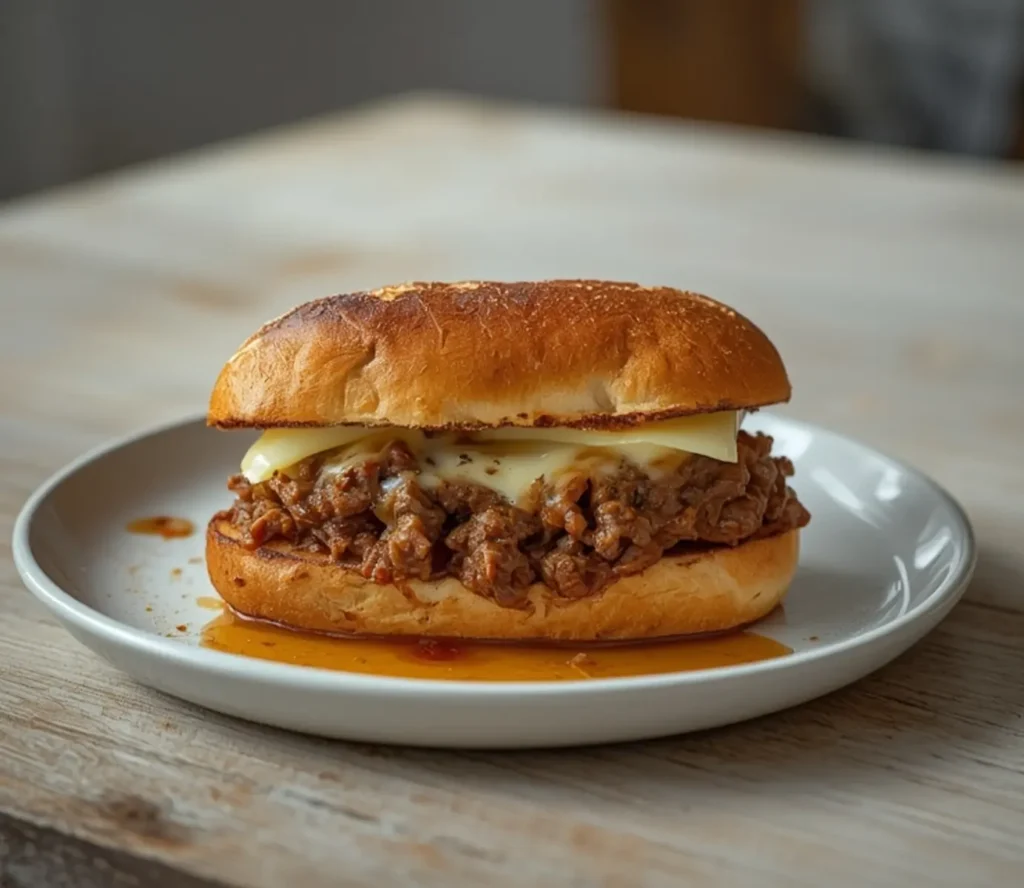 air fryer italian beef sandwich: Juicy air fryer italian beef sandwich with melted cheese on a golden toasted roll, perfect for dinners.