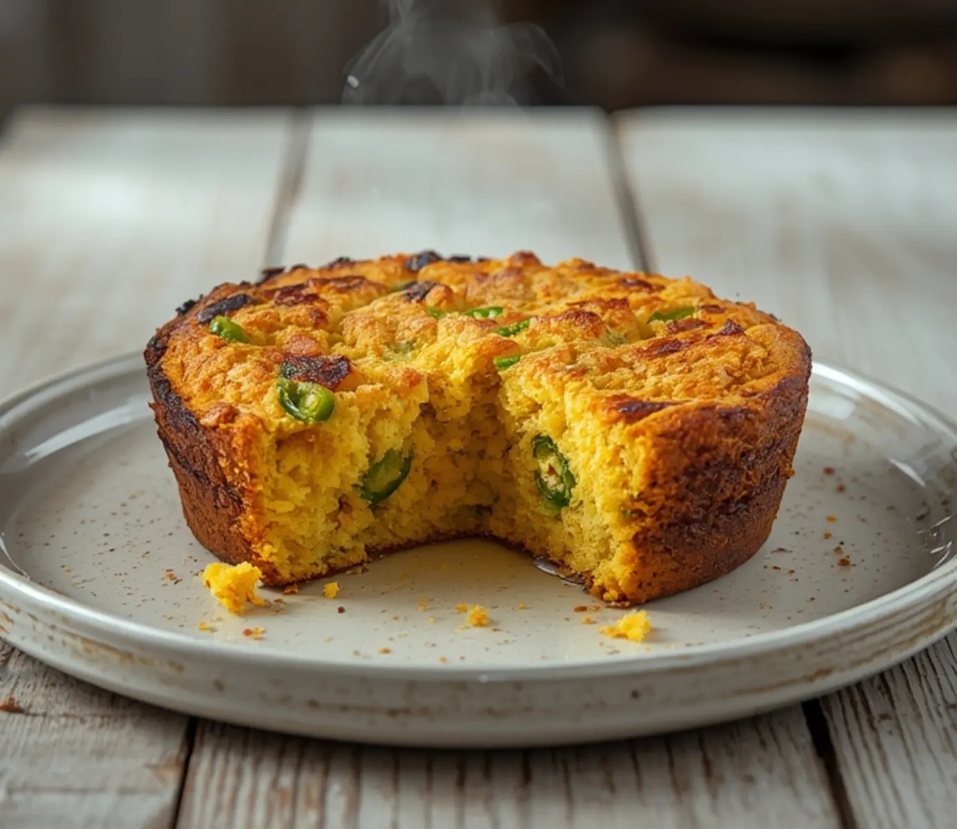 air fryer jalapeÃ±o cornbread: Golden air fryer jalapeño cornbread with crisp edges and green pepper specks.