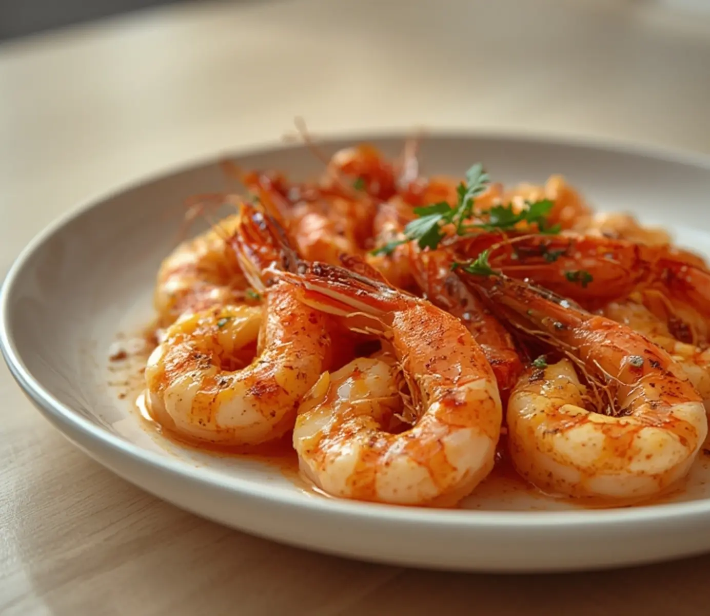 air fryer jerk shrimp caribbean: Close-up of spicy air fryer jerk shrimp Caribbean with glossy red-orange glaze and charred edges.