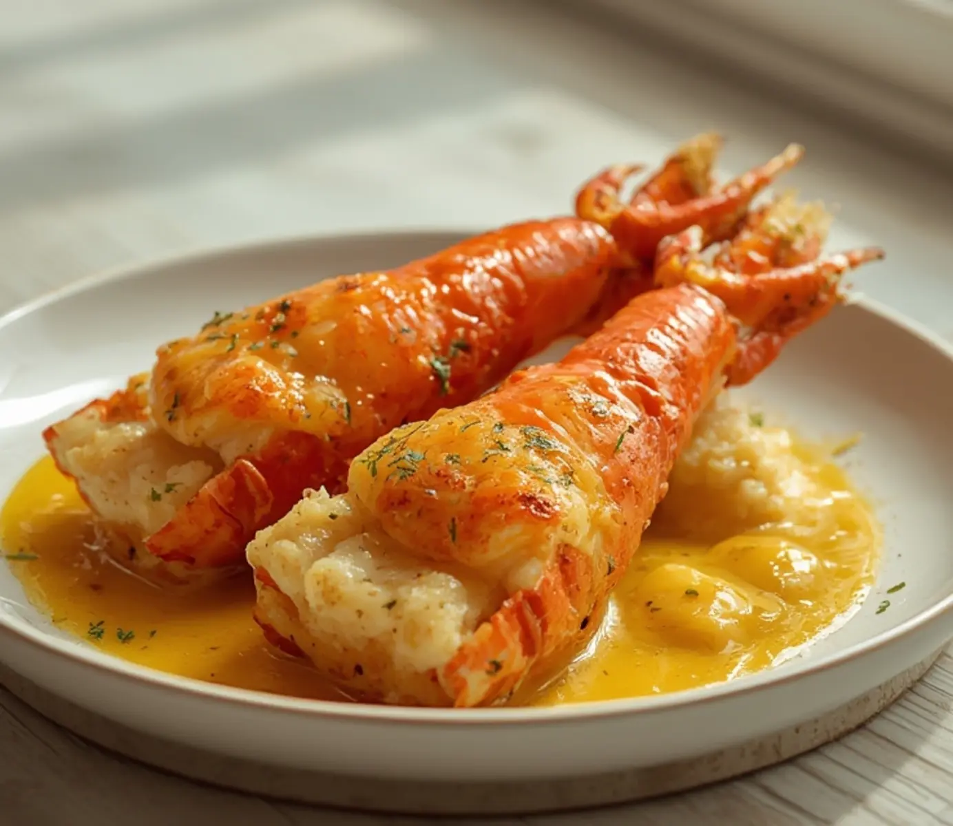 air fryer king crab legs: Golden butter-glazed air fryer king crab legs with tender flaky meat on a plate.